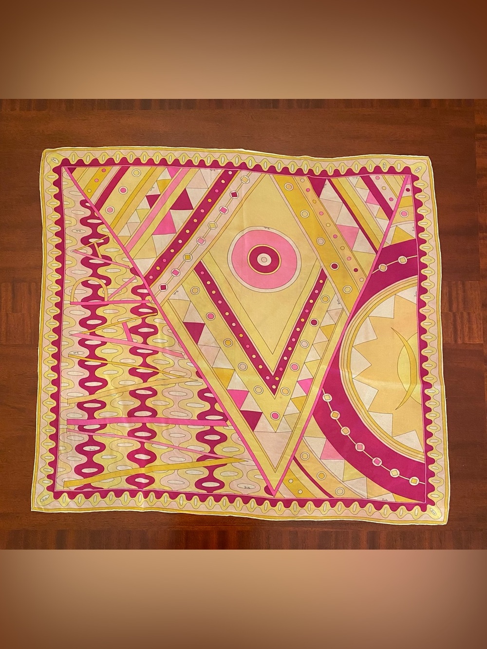 Vintage Mid Century Emilio Pucci Geometric Pink & Yellow Large Silk Scarf